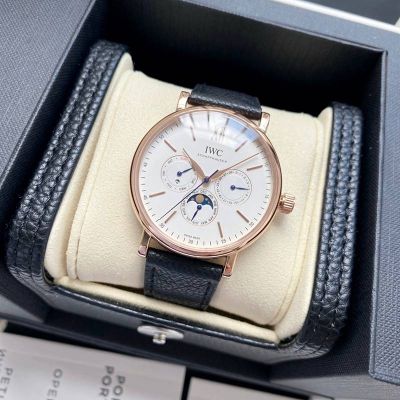 IWC Portofino 3836-2 Movement 40mm Black Italian Calfskin Leather Strap Rose Gold Case Watch